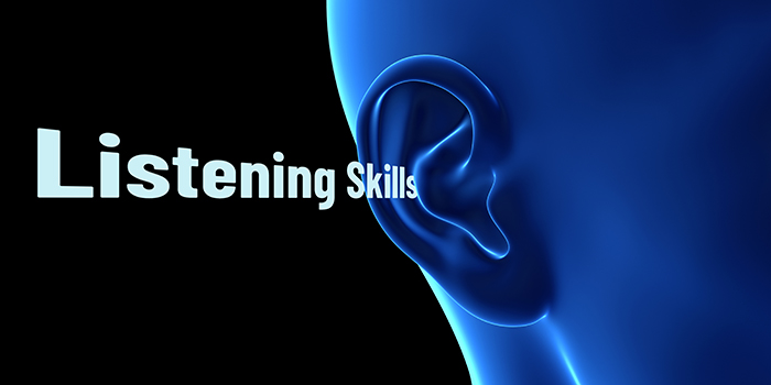 Graphic of a head with blue ear, with the words Listening Skills going into the ear